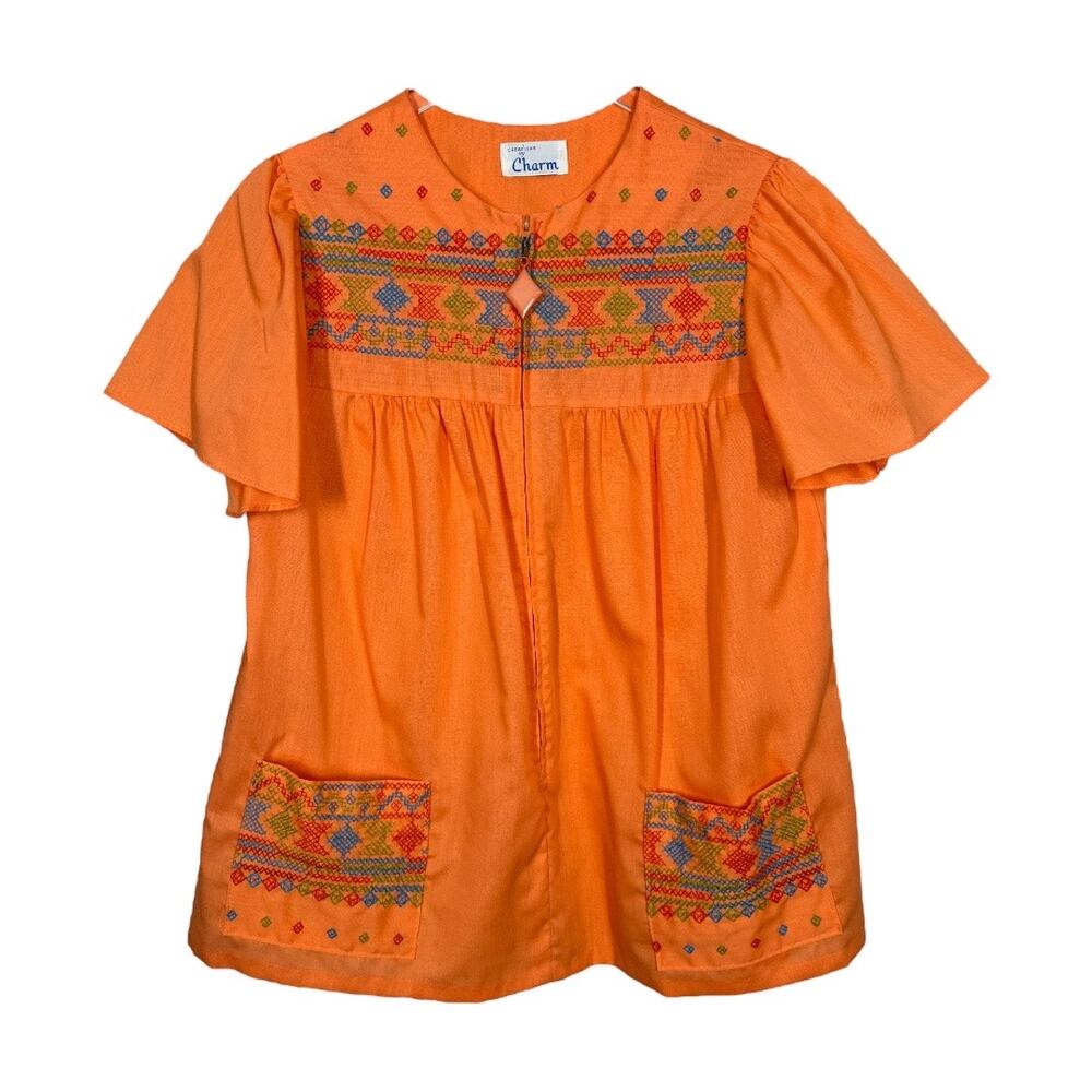 Vintage 70s Orange Embroidered Lounge Babydoll Top Medium Zip Charm Festival